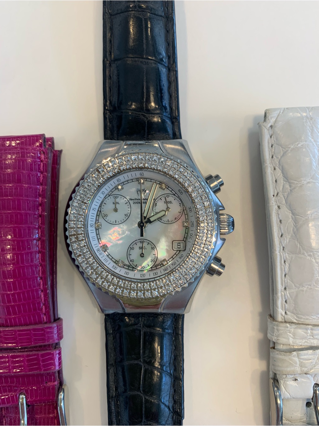 Crystal Bezel Chronograph Watch With MotherOfPearl Dial